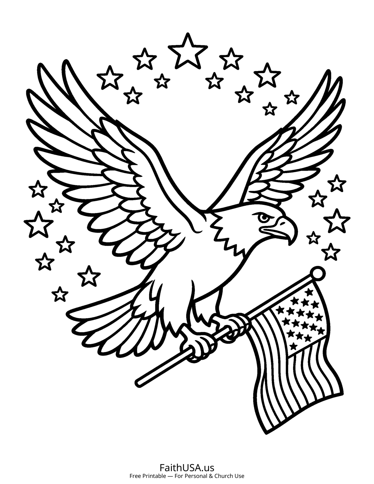 Free printable simple American flag with bald eagle coloring page PDF for American symbols lessons