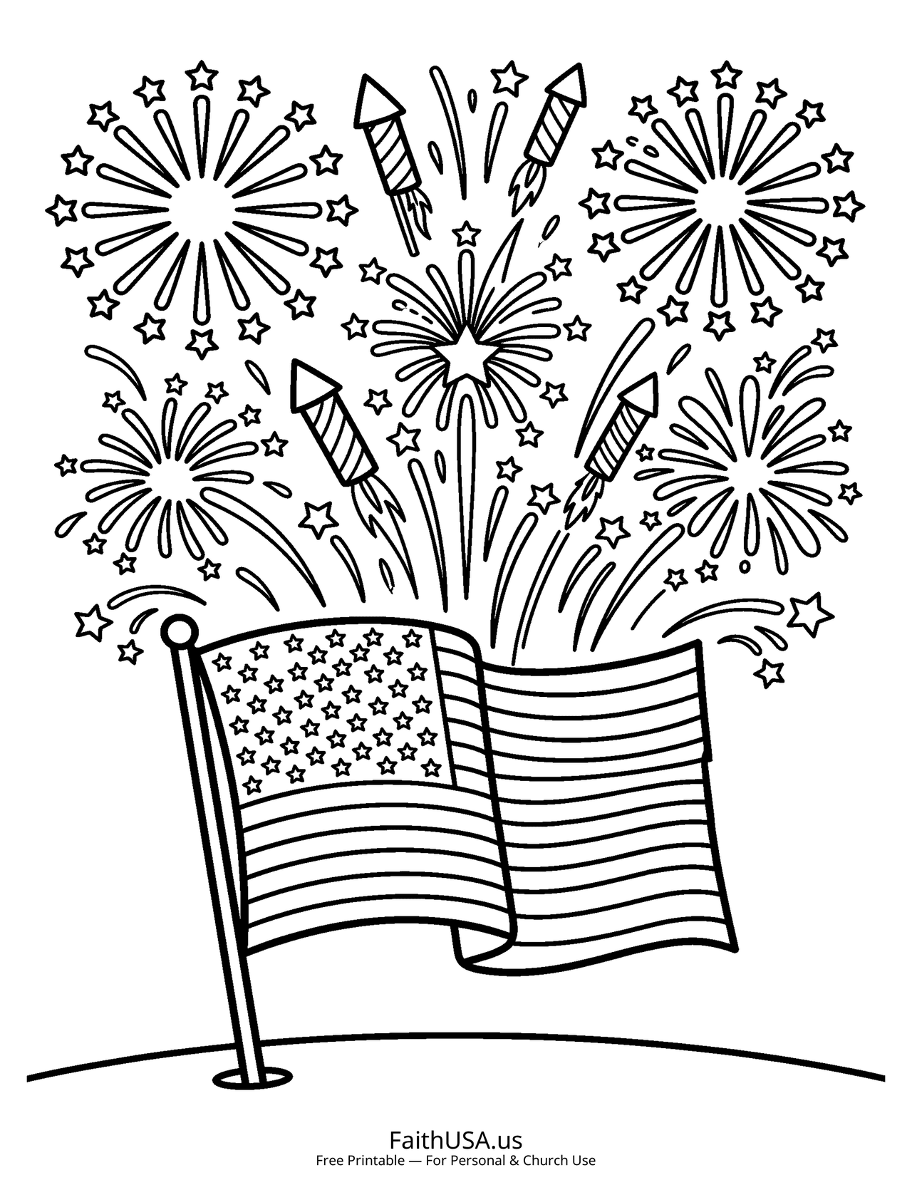 Free printable simple American flag with fireworks coloring page PDF for Fourth of July activities
