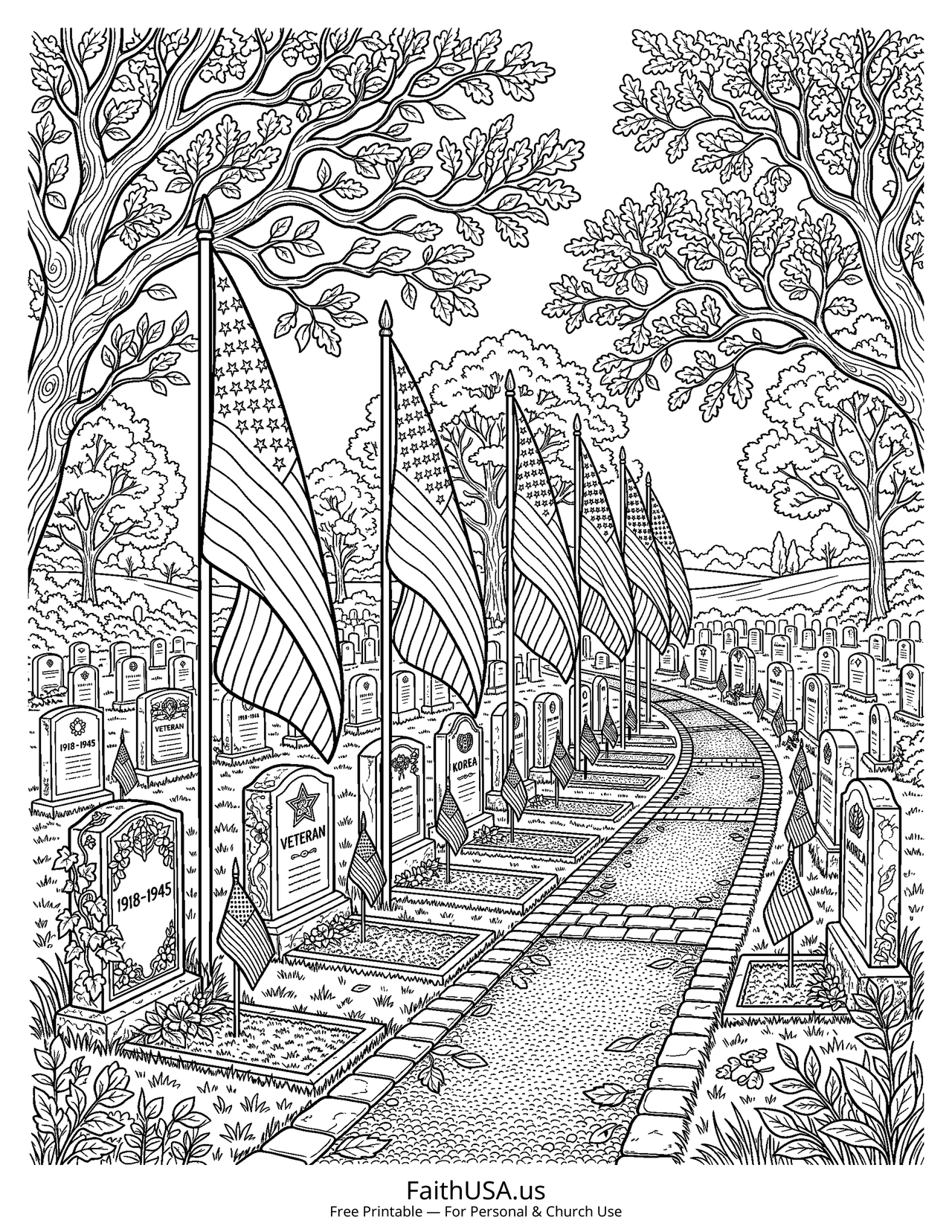 Free printable detailed American flag at a memorial cemetery coloring page PDF for Memorial Day and Veterans Day lessons